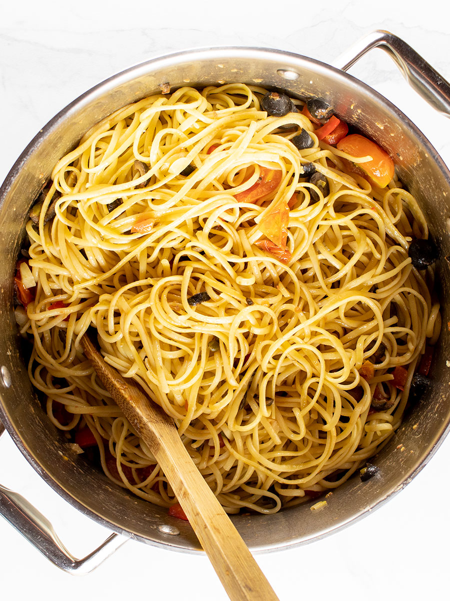 Combine Skillet Ingredients with Linguine