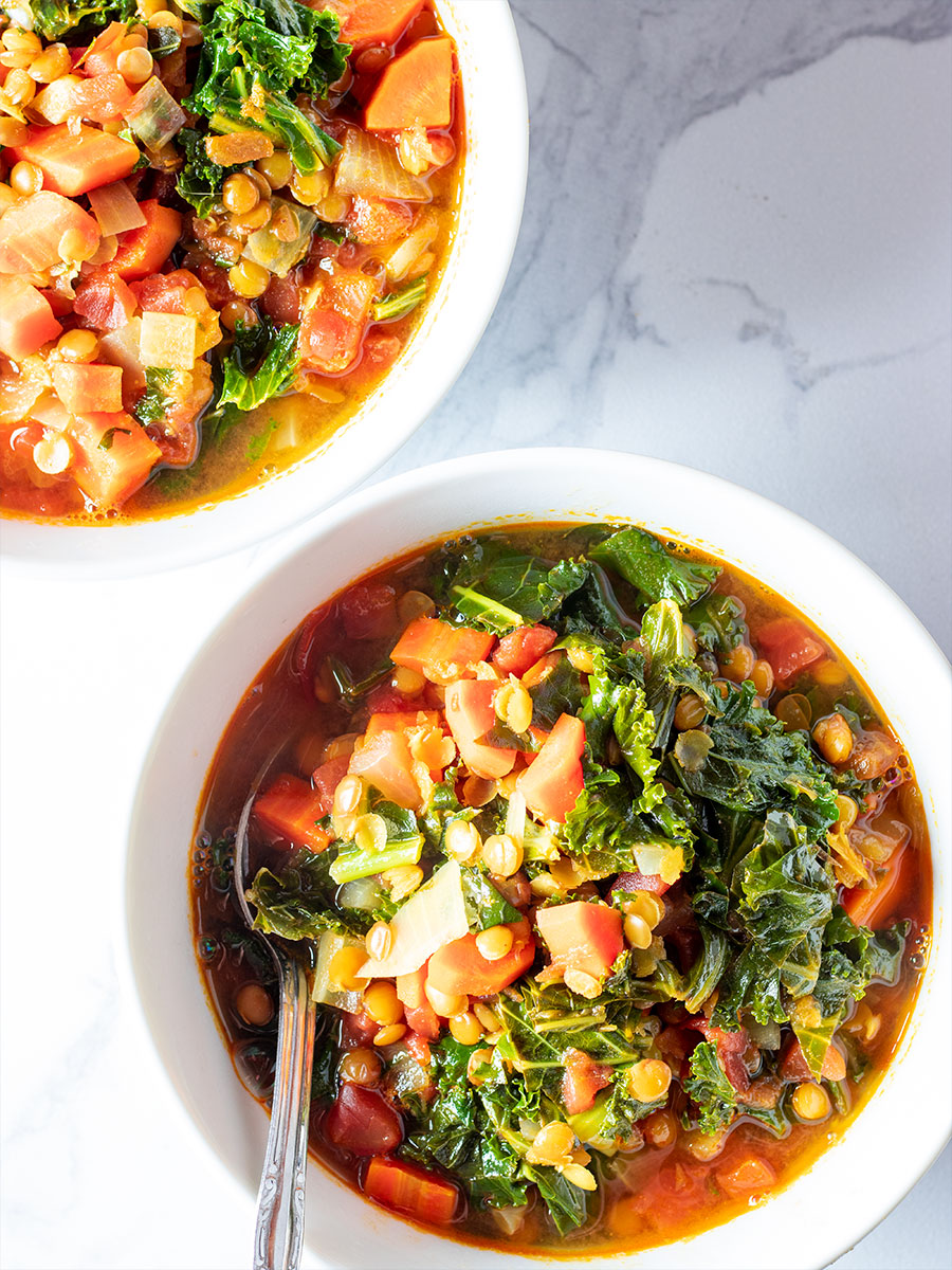 Bowls of Lentil & Kale Soup