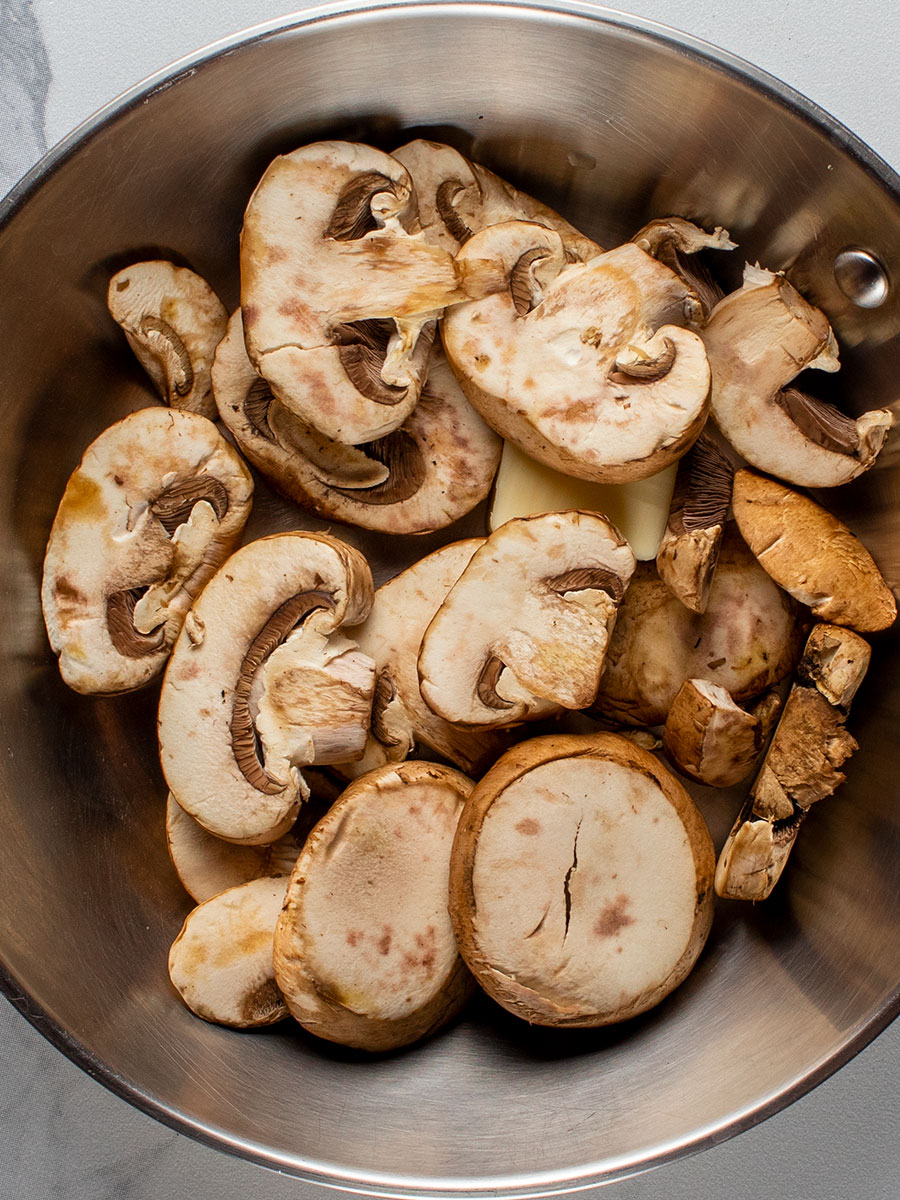 Raw Mushrooms in Frying Pan
